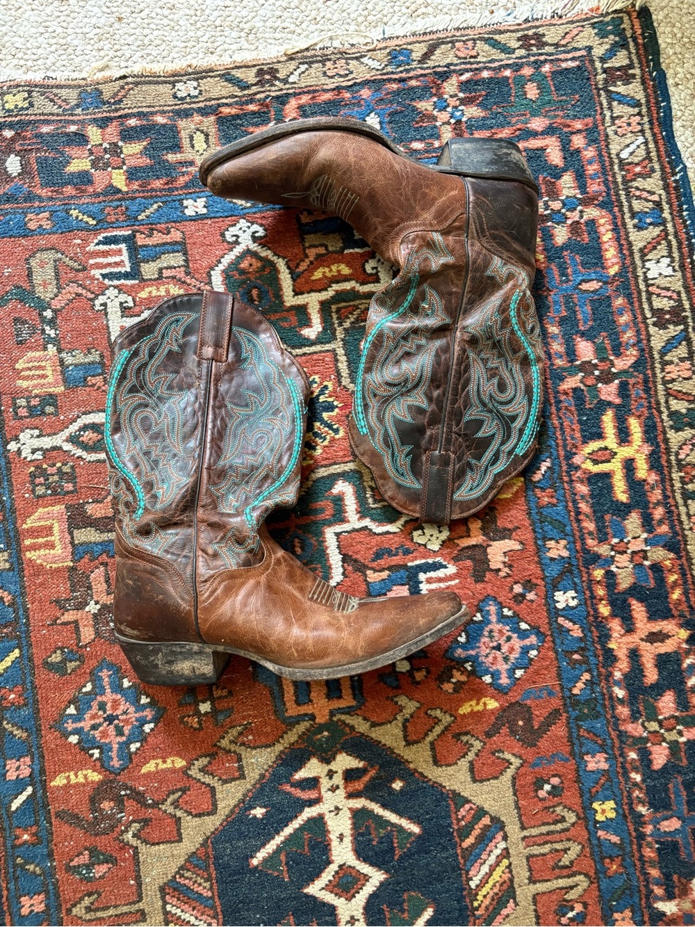 J.B. Dillon Tan Leather Western Boots Brown Leather with Turquoise Accents 9.5